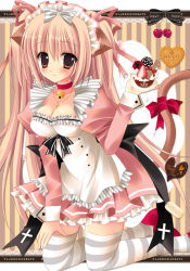Rule 34 | 1girl, animal ears, bell, blush, bow, breasts, brown eyes, brown hair, cat ears, cat girl, cherry, cleavage, closed mouth, collar, cross, cupcake, dress, female focus, food, frills, fruit, grey thighhighs, hair bow, hair ornament, hair ribbon, heart, ice cream, jewelry, jingle bell, kirishima riona, kneeling, long hair, long sleeves, looking at viewer, maid, maid headdress, neck bell, necklace, original, puffy sleeves, ribbon, simple background, smile, solo, strawberry, striped background, striped clothes, striped thighhighs, tail, tail ornament, tail ribbon, tareme, thighhighs, two side up, very long hair, white thighhighs, zettai ryouiki