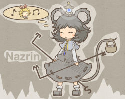 Rule 34 | 2girls, akihiyo, animal ears, basket, bishamonten&#039;s pagoda, blush stickers, capelet, closed eyes, dowsing rod, dress, english text, female focus, gem, grey hair, jewelry, lantern, mouse (animal), mouse ears, mouse tail, multicolored hair, multiple girls, nazrin, necklace, pendant, shoes, socks, standing, tail, thought bubble, toramaru shou, touhou, two-tone hair