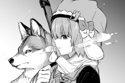 Rule 34 | 1girl, animal, bow, clenched hand, closed mouth, from side, fur hat, greyscale, gun, hat, hat bow, highres, magia record: mahou shoujo madoka magica gaiden, magical girl, mahou shoujo madoka magica, miura asahi, monochrome, multiple hat bows, portrait, profile, rifle, scarf, short hair, solo, steam from mouth, ushanka, vest, weapon, wolf, yukishiro (hitsuji)