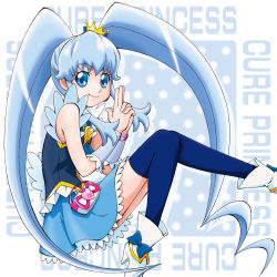 Rule 34 | 10s, 1girl, black thighhighs, blue bow, blue eyes, blue hair, blue skirt, boo (takagi), bow, brooch, character name, crown, cure princess, eyebrows, full body, happinesscharge precure!, heart, heart brooch, highres, jewelry, long hair, looking at viewer, magical girl, matching hair/eyes, mini crown, precure, shirayuki hime, shoes, sidelocks, skirt, smile, solo, thick eyebrows, thighhighs, twintails, white footwear, wrist cuffs