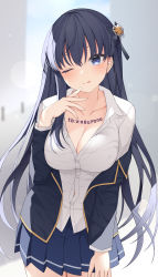 Rule 34 | 1girl, absurdres, black bow, black hair, black jacket, blue eyes, blue skirt, blurry, blurry background, body writing, bow, breasts, character request, cleavage, closed mouth, collared shirt, commentary request, depth of field, dress shirt, hair between eyes, hair bow, hand up, head tilt, highres, jacket, jyt, kaguyano, long hair, long sleeves, medium breasts, off shoulder, open clothes, open jacket, pleated skirt, shirt, skirt, solo, tongue, tongue out, very long hair, white shirt