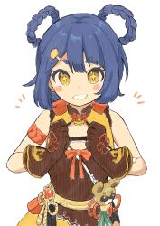 Rule 34 | + +, 1girl, absurdres, bag, bare shoulders, blue hair, blush stickers, bow, bow-shaped hair, brown dress, brown gloves, china dress, chinese clothes, dress, gem, genshin impact, gloves, hair between eyes, hair ornament, hairpin, hands up, highres, looking at viewer, mandarin collar, red bow, red gemstone, rope, short hair, simple background, smile, solo, standing, takahashi (brokenrobo), teeth, v-shaped eyebrows, vision (genshin impact), white background, xiangling (genshin impact), yellow eyes