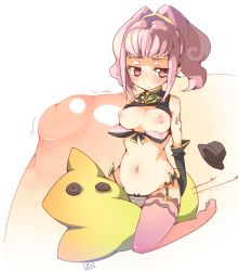 Rule 34 | 00s, 1girl, anya alstreim, between thighs, blush, breasts, cheese-kun, code geass, elbow gloves, gloves, hat, large breasts, nipples, panties, pink eyes, pink hair, pizza hut, prnt, puffy nipples, solo, striped, tattoo, thighhighs, thighs, underwear