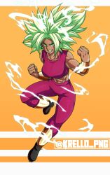 Rule 34 | 1girl, abs, absurdres, artist name, breasts, commentary, crop top, dragon ball, dragon ball super, earrings, english commentary, green hair, highres, jewelry, kefla (dragon ball), krello png, large breasts, looking at viewer, midriff, muscular, muscular female, pants, potara earrings, purple tank top, saiyan, smile, solo, spiked hair, super saiyan, super saiyan 2, tank top