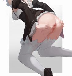 Rule 34 | 1girl, absurdres, anus, bad id, bad pixiv id, black skirt, black sleeves, border, breasts, censored, clothes lift, detached sleeves, grey background, head out of frame, highres, long sleeves, medium breasts, mosaic censoring, outside border, pussy, re:zero kara hajimeru isekai seikatsu, rem (re:zero), roswaal mansion maid uniform, skirt, skirt lift, solo, spread anus, thighhighs, toxic (toxicv), white border, white thighhighs