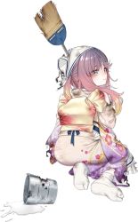 Rule 34 | 1girl, akasaka yuzu, alternate costume, apron, broom, brown eyes, bucket, floral print, full body, gradient hair, japanese clothes, kantai collection, long hair, multicolored hair, official art, purple hair, solo, transparent background, tsushima (kancolle), white background