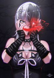 Rule 34 | 1girl, absurdres, artist name, bare shoulders, black background, black choker, black dress, black hair, black nails, breasts, chain, choker, commentary, dress, english commentary, evil eyes, evil smile, gloves, glowing, glowing eye, hair ornament, hands on own face, highres, hololive, hololive english, lace, lace-trimmed choker, lace choker, lace trim, large breasts, long hair, looking at viewer, multicolored hair, open mouth, red eyes, ribbon, shiori novella, shiori novella (1st costume), smile, solevisionarts, solo, split-color hair, striped arm warmers, striped clothes, striped gloves, two-tone hair, virtual youtuber, white hair, white ribbon, yellow eyes