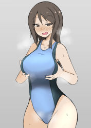 Rule 34 | 1girl, blue hat, blue one-piece swimsuit, blush, breasts, brown eyes, brown hair, competition swimsuit, girls und panzer, grabbing own breast, half-closed eyes, hat, large breasts, long hair, looking at viewer, mika (girls und panzer), naughty face, ngc20701, one-piece swimsuit, open mouth, solo, swimsuit