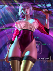 Rule 34 | 1girl, adapted costume, alternate costume, arm at side, artist name, baseball bat, blunt ends, breasts, collarbone, commentary, contrapposto, covered navel, cowboy shot, cross pasties, cyberpunk (series), cyberpunk 2077, english commentary, english text, highleg, highleg leotard, holding, holding baseball bat, holographic interface, lace, lace-trimmed legwear, lace trim, large breasts, leotard, lips, lolliedrop, looking away, multicolored clothes, multicolored hair, nier:automata, nier (series), no bra, paid reward available, partially visible vulva, pasties, patreon username, pink hair, pink leotard, pink sleeves, purple hair, purple leotard, red eyes, see-through, shiny clothes, shiny legwear, short hair, signature, skindentation, sleeves pushed up, solo, standing, streaked hair, tape, tape on nipples, taut clothes, taut leotard, thigh gap, thighhighs, thighs, watermark, web address, yellow thighhighs, 2b (nier:automata)
