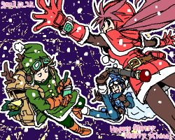 Rule 34 | 1girl, 2boys, black pantyhose, bobblehat, christmas, chunsoft, closed eyes, dragon quest, dragon quest ii, english text, engrish text, enix, fur trim, gloves, hanbu hantarou, long sleeves, looking at viewer, lowres, multiple boys, outstretched arms, pantyhose, prince of lorasia, prince of samantoria, princess of moonbrook, ranguage, red gloves, santa costume, scarf, snowing, wince, winter