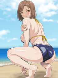 Rule 34 | 1girl, anime coloring, ass, back, bare arms, bare legs, barefoot, beach, bikini, blue bikini, blurry, blurry background, bob cut, breasts, brown hair, cloud, day, full body, hand on own arm, horizon, large breasts, looking at viewer, looking back, medium hair, monteriakitto, ocean, original, outdoors, parted lips, red eyes, revealing clothes, shore, sideboob, sky, solo, squatting, swimsuit, thighs, toes