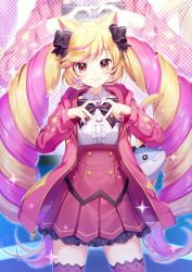Rule 34 | 1girl, animal ear fluff, animal ears, black bow, blonde hair, blush, bow, breasts, cat ears, cat girl, cat tail, center frills, closed mouth, collared shirt, commentary request, dress shirt, frilled skirt, frills, hair bow, heart, heart hands, hood, hood down, hooded jacket, jacket, long hair, mashima himeko (show by rock!!), momoshiki tsubaki, multicolored hair, nail polish, open clothes, open jacket, pink hair, pink jacket, pink nails, pleated skirt, red eyes, red skirt, red thighhighs, shirt, show by rock!!, skirt, small breasts, smile, solo, standing, tail, thighhighs, twintails, two-tone hair, very long hair, white shirt