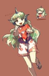 Rule 34 | 1girl, absurdres, blush, brown background, chibi, geta, green eyes, green hair, highres, horns, komano aunn, long hair, looking at viewer, multiple views, open mouth, red shirt, shirt, short sleeves, shorts, simple background, single horn, smile, touhou, uninosono, white shorts