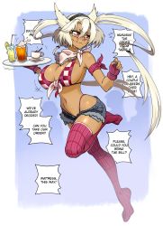 Rule 34 | 1girl, alternate costume, breasts, commission, cutoffs, dark-skinned female, dark skin, english text, front-tie top, glasses, highleg, highleg panties, highres, holding, holding tray, kantai collection, kawa-v, large breasts, micro shorts, musashi (kancolle), panties, pointy hair, rectangular eyewear, red eyes, red panties, red thighhighs, semi-rimless eyewear, short hair with long locks, shorts, solo, speech bubble, thighhighs, tray, twintails, underwear, waitress, white hair