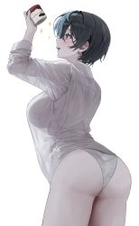 Rule 34 | + +, 1girl, absurdres, ass, black hair, blue eyes, blush, bob cut, commentary request, cowboy shot, dated, excited, food, from behind, gwan-e, haagen-dazs, highres, ice cream, ice cream cup, original, panties, profile, see-through, see-through shirt, see-through silhouette, shirt, short hair, silhouette, simple background, smile, solo, sparkle, underwear, white background, white panties, white shirt