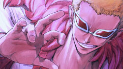 Rule 34 | 1boy, artist name, blonde hair, clenched teeth, coat, commentary, donquixote doflamingo, earrings, english commentary, evil smile, feather coat, highres, hoop earrings, jewelry, male focus, mygiorni, one piece, short hair, smile, solo, sunglasses, teeth, white-framed eyewear