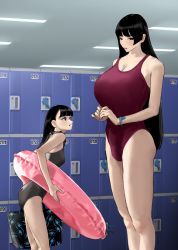 Rule 34 | 2girls, absurdres, ass, black hair, black one-piece swimsuit, blush, bracelet, breasts, bulge, ceiling light, cleavage, erection, erection under clothes, futa with female, futanari, height difference, highres, hiramedousa, huge breasts, indoors, innertube, jewelry, locker, locker room, long hair, looking at another, looking away, multiple girls, one-piece swimsuit, original, parted lips, penis in swimsuit, profile, red one-piece swimsuit, shadow, size difference, small breasts, smile, swim ring, swimsuit, very long hair