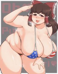 Rule 34 | 1girl, absurdres, american flag bikini, arm up, bikini, blush, breasts, brown eyes, brown hair, cleavage, cookie (touhou), female focus, female pubic hair, flag print, gamukami, hakurei reimu, hand on leg, highres, huge breasts, kanna (cookie), looking at viewer, open mouth, plump, presenting, pubic hair, smile, solo, swimsuit, tongue, tongue out, touhou