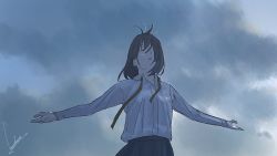 Rule 34 | 1girl, artist name, blue skirt, breast pocket, brown hair, cloud, cloudy sky, day, hair over one eye, long sleeves, looking afar, looking to the side, loose necktie, loundraw, medium hair, necktie, open hands, original, outstretched arms, pocket, red necktie, shirt, sketch, skirt, sky, solo, undone necktie, upper body, white shirt, wind