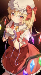 Rule 34 | 1girl, absurdres, ascot, blonde hair, blush, closed mouth, collar, collared shirt, fingernails, flandre scarlet, frilled shirt collar, frilled skirt, frills, hat, highres, holding, holding collar, long hair, looking at viewer, maruta (shummylass), nail polish, one side up, orange ascot, red eyes, red nails, red skirt, red vest, shirt, skirt, smile, solo, touhou, vest, white hat, white shirt, winged hat, wrist cuffs