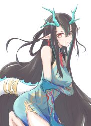 Rule 34 | 1girl, arknights, black hair, china dress, chinese clothes, colored skin, dragon girl, dragon horns, dragon tail, dress, dusk (arknights), dusk (everything is a miracle) (arknights), earrings, gradient skin, green horns, green skin, highres, horns, jewelry, long hair, looking at viewer, mandarin collar, multicolored hair, oroshi (oroshi dr), pointy ears, red eyes, slit pupils, solo, streaked hair, tail, tail ornament, tail ring, tassel, tassel earrings
