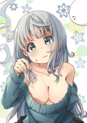 Rule 34 | 1girl, alternate hair length, alternate hairstyle, antenna hair, arm behind back, bare shoulders, black skirt, blush, breasts, casual, cleavage, closed mouth, collarbone, commentary request, downblouse, eyelashes, fingernails, ghost, green eyes, green sweater, grey hair, hand up, highres, hitodama, holding, holding own hair, konpaku youmu, konpaku youmu (ghost), long hair, long sleeves, looking at viewer, medium breasts, miniskirt, no bra, off-shoulder sweater, off shoulder, pegashi, pleated skirt, sidelocks, skirt, solo, sweater, touhou, very long hair