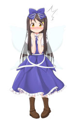 Rule 34 | 1girl, absurdres, black hair, blue dress, blush, boots, bow, brown eyes, brown footwear, commentary request, dress, fairy, fairy wings, full body, hair bow, hair ornament, hairclip, hand to own mouth, highres, long hair, p.w., ribbon, simple background, solo, star sapphire, touhou, white background, wings
