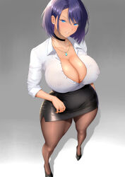 Rule 34 | 1girl, absurdres, black choker, black footwear, black skirt, blue eyes, blue hair, blush, bra, breasts, choker, cleavage, collarbone, collared shirt, curvy, dress shirt, earrings, formal, full body, grin, hair behind ear, high heels, highres, huge breasts, jewelry, large breasts, long sleeves, looking at viewer, mature female, miniskirt, mole, mole on breast, mole under eye, necklace, office lady, original, pantyhose, parted lips, pencil skirt, purple hair, ranhatu, see-through, shadow, shirt, shoes, short hair, simple background, skirt, skirt suit, sleeves rolled up, smile, solo, standing, suit, thighs, underwear, white shirt, wide hips