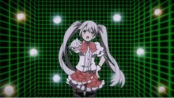 Rule 34 | 1girl, akiba&#039;s trip, akiba&#039;s trip 2, belt, bow, frilled skirt, frills, gloves, green eyes, grid background, hair ribbon, highres, lights, long hair, open mouth, pointing, pointing at viewer, ribbon, rin (akiba&#039;s trip 2), self-upload, shirt, silver hair, skirt, thighhighs, twintails, very long hair, white gloves