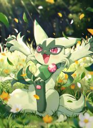 Rule 34 | arms up, artist name, blurry, blurry background, blurry foreground, creatures (company), day, depth of field, falling leaves, falling petals, floragato, flower, game freak, grass, highres, kaminokefusa, leaf, nintendo, no humans, open mouth, outdoors, petals, pink eyes, pokemon, pokemon (creature), sitting, solo, white flower, yellow flower