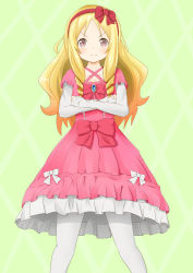 Rule 34 | &gt;:(, 1girl, blonde hair, blush, bow, brown eyes, closed mouth, collarbone, criss-cross halter, crossed arms, curly hair, dress, eromanga sensei, frown, green background, halterneck, highres, lolita fashion, long hair, long sleeves, pantyhose, pink dress, pointy ears, red bow, revision, shishou (doragyurosu), solo, standing, v-shaped eyebrows, white pantyhose, yamada elf