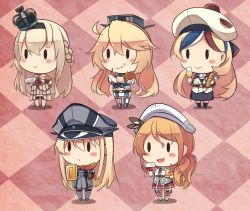 Rule 34 | 10s, 5girls, :d, alcohol, american flag legwear, argyle, argyle background, argyle clothes, asymmetrical legwear, baguette, beer, beer mug, beret, bismarck (kancolle), black legwear, black skirt, blonde hair, blue hair, blush stickers, braid, bread, bread slice, breasts, brown hair, burger, checkered background, cleavage, coke, commandant teste (kancolle), crown, cup, dress, drinking glass, eating, food, food on face, fork, french braid, front-tie top, hair between eyes, hat, headdress, holding, holding cup, holding fork, ido (teketeke), iowa (kancolle), jacket, kantai collection, littorio (kancolle), long hair, long sleeves, military, military uniform, mini crown, mismatched legwear, mug, multicolored clothes, multicolored hair, multicolored scarf, multiple girls, off-shoulder dress, off shoulder, open mouth, pantyhose, peaked cap, pizza, plaid, plaid scarf, pom pom (clothes), ponytail, red hair, red skirt, sausage, scarf, shirt, skirt, smile, streaked hair, teacup, thighhighs, toast, uniform, warspite (kancolle), white dress, white hair, white jacket, white legwear, white shirt, wine, wine glass