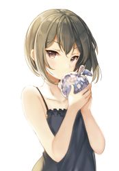 Rule 34 | 1girl, apple, bare arms, bare shoulders, blush, brown eyes, brown hair, camisole, commentary request, food, fruit, hands up, highres, holding, looking at viewer, original, short hair, sibyl, simple background, solo, white background