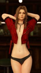 Rule 34 | 1girl, 3d, absurdres, aerith gainsborough, breasts, brown hair, cleavage, final fantasy, final fantasy vii, final fantasy vii remake, green eyes, hair ribbon, hands in hair, highres, jacket, jewelry, legs, looking at viewer, midriff, navel, necklace, open clothes, open jacket, panties, ribbon, smile, square enix, underwear, waywardblue