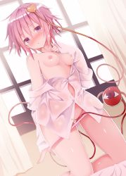 Rule 34 | 1girl, absurdres, bare legs, blush, bra, breasts, dutch angle, givuchoko, hair between eyes, heart, highres, indoors, kneeling, komeiji satori, looking at viewer, mouth hold, navel, off shoulder, panties, panty pull, partially visible vulva, pink bra, pink eyes, pink hair, pink panties, pulled by self, scan, shiny skin, shirt, short hair, sleeves past wrists, small breasts, solo, third eye, touhou, underwear, wet, wet clothes, white shirt, window