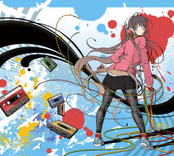 Rule 34 | 1girl, abstract, aka ringo, black hair, brown eyes, cable, cassette tape, colorful, from behind, gradient hair, headphones, leaning forward, legs, long hair, looking back, mouth hold, multicolored hair, original, paint splatter, pantyhose, patterned legwear, pleated skirt, print pantyhose, skirt, solo, standing, sweater, wire