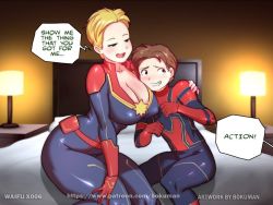 Rule 34 | 1boy, 1girl, age difference, artist name, ass, assertive female, avengers: endgame, avengers (series), bed, blonde hair, blue eyes, blush, bodysuit, bokuman, breast rest, breasts, breasts on head, brown hair, captain marvel, carol danvers, cleavage, collarbone, covered erect nipples, curvy, english text, grin, half-closed eyes, hand on another&#039;s shoulder, indoors, lamp, large breasts, marvel, marvel cinematic universe, mature female, nervous, nervous smile, open mouth, peter parker, sexually suggestive, sitting, size difference, smile, speech bubble, spider-man, text focus, watermark, web address
