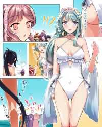 Rule 34 | 6+girls, akebono (kancolle), amagiri (kancolle), asymmetrical bangs, casual one-piece swimsuit, commentary request, cowboy shot, flower, frilled one-piece swimsuit, frilled swimsuit, frills, grey hair, hair flower, hair ornament, hairband, kamezou (kame-zo), kantai collection, long hair, multiple girls, oboro (kancolle), official alternate costume, one-piece swimsuit, purple eyes, sagiri (kancolle), sazanami (kancolle), shawl, side-tie swimsuit, solo focus, swept bangs, swimsuit, ushio (kancolle), white one-piece swimsuit, white shawl