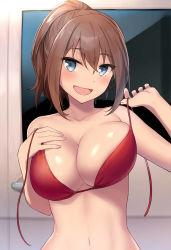 Rule 34 | 1girl, :d, absurdres, bad id, bad pixiv id, bikini, blue eyes, blush, breasts, brown hair, cccpo, collarbone, hair between eyes, hand on own chest, highres, large breasts, looking at viewer, medium hair, navel, open mouth, original, ponytail, red bikini, smile, solo, sweat, swimsuit, undressing, untied bikini