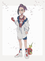 Rule 34 | 1boy, black hair, closed mouth, commentary request, creatures (company), dipplin, game freak, gloves, hand up, highres, hime (himetya105), holding, holding poke ball, jacket, kieran (pokemon), knees, long sleeves, male focus, multicolored hair, nintendo, poke ball, poke ball (basic), pokemon, pokemon (creature), pokemon sv, purple hair, red gloves, red shirt, shirt, shoes, shorts, single glove, single off shoulder, sleeveless, sleeveless shirt, socks, standing, tank top, two-tone hair, white background, white footwear, white jacket, white shorts, yellow eyes