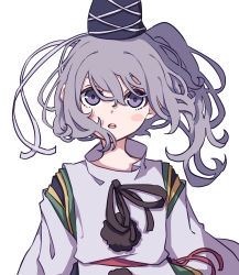 Rule 34 | 1girl, absurdres, blue eyes, blue hat, breasts, grey hair, hat, highres, japanese clothes, kame (kamepan44231), kariginu, long hair, long sleeves, mononobe no futo, one-hour drawing challenge, pom pom (clothes), ponytail, simple background, skirt, small breasts, solo, tate eboshi, touhou, white background, wide sleeves