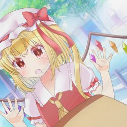 Rule 34 | + +, 1girl, :o, against glass, against window, arms up, ascot, bad id, bad pixiv id, blonde hair, blush, commentary request, day, drooling, dutch angle, fang, flandre scarlet, food, hat, looking inside, mob cap, open mouth, outdoors, pudding, puffy short sleeves, puffy sleeves, railing, red eyes, red vest, road, shirt, short sleeves, side ponytail, solo, standing, street, touhou, upper body, vest, white hat, white shirt, window, wings, yellow ascot, yukina kurosaki