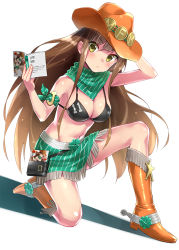 Rule 34 | 1girl, bad id, bad pixiv id, bikini, bikini top only, blush, book, boots, breasts, brown hair, cleavage, cowboy hat, cowboy western, fringe trim, full body, hat, kneeling, large breasts, legs, long hair, looking at viewer, mf bunko, navel, on one knee, open book, original, pinstripe pattern, recursion, scarf, shiny skin, skirt, solo, sonsoso, spurs, striped, swimsuit, thighs, very long hair, yellow eyes