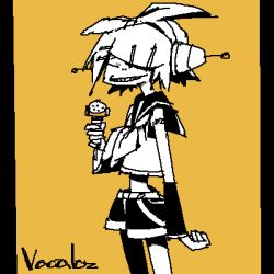 Rule 34 | 1girl, gorillaz, kagamine rin, lowres, microphone, noodle (gorillaz), outtake, parody, simple background, solo, style parody, vocaloid