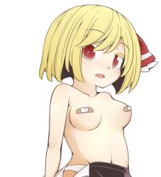 Rule 34 | 1girl, :o, alternate breast size, bandaid, bandaids on nipples, blonde hair, blush, breasts, colored eyelashes, hair ribbon, jagabutter, looking at viewer, open mouth, panties, pasties, ribbon, rumia, short hair, skirt, solo, topless, touhou, underwear, undressing, unzipped, white panties