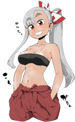 Rule 34 | 1girl, bandeau, blush, breasts, collarbone, fujiwara no mokou, grey hair, groin, hair ornament, hair ribbon, hands in pockets, head tilt, highres, large breasts, midriff, navel, open mouth, ponytail, red eyes, ribbon, simple background, smile, solo, takeu, tan, tanline, touhou, white background