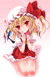 Rule 34 | 1girl, artist name, bandaid, bandaid on hand, blonde hair, blush, body blush, child, closed mouth, commentary request, crystal, dated, flandre scarlet, frilled skirt, frills, full body, gift, gradient background, hair ribbon, hat, hat ribbon, head tilt, heart, highres, holding, holding gift, knee blush, looking at viewer, medium hair, miniskirt, mob cap, no shoes, pink background, pleated skirt, puffy short sleeves, puffy sleeves, red eyes, red skirt, red vest, ribbon, shirt, short sleeves, side ponytail, skirt, slit pupils, smile, socks, solo, thigh gap, thighs, touhou, tsurime, valentine, vest, white shirt, white socks, wings, yamu (reverse noise), yellow neckwear