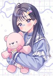 Rule 34 | 1girl, bandaid, bandaid on face, bandaid on nose, black hair, blush, copyright request, cropped torso, ear piercing, earrings, expressionless, frilled sleeves, frills, hair ornament, hairclip, highres, holding, holding stuffed toy, jacket, jewelry, long hair, long sleeves, looking at viewer, multiple rings, original, piercing, purple eyes, ring, sailor collar, sakunagita, solo, star (symbol), star earrings, star ring, stuffed animal, stuffed toy, teddy bear, track jacket, upper body, zipper pull tab