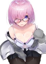 Rule 34 | 1girl, absurdres, bad id, bad pixiv id, bare shoulders, black-framed eyewear, black pantyhose, blazer, blue eyes, blush, breasts, cleavage, collarbone, commentary request, eyebrows, eyes visible through hair, fate/grand order, fate (series), from above, glasses, hair over one eye, highres, jacket, kou mashiro, large breasts, long sleeves, looking at viewer, looking up, mash kyrielight, off shoulder, one eye closed, open mouth, pantyhose, pink hair, pleated skirt, purple eyes, short hair, signature, simple background, sitting, skirt, sleeves past wrists, solo, strap slip, wavy mouth, white background