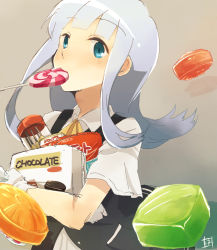 Rule 34 | 10s, 1girl, ascot, blouse, blue eyes, blush, candy, chocolate, eating, food, gloves, grey background, harunagi, hatsukaze (kancolle), kantai collection, lollipop, long hair, looking at viewer, pocket, shirt, short sleeves, silver hair, solo, vest, white shirt